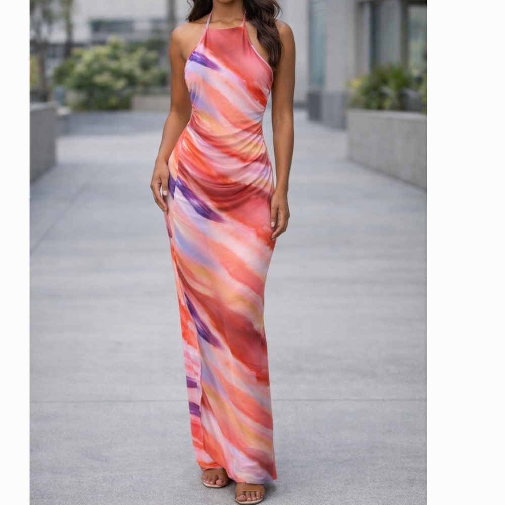 Caution To The Wind Y2K Style Ruched Halter Ombré Midi Dress NEW